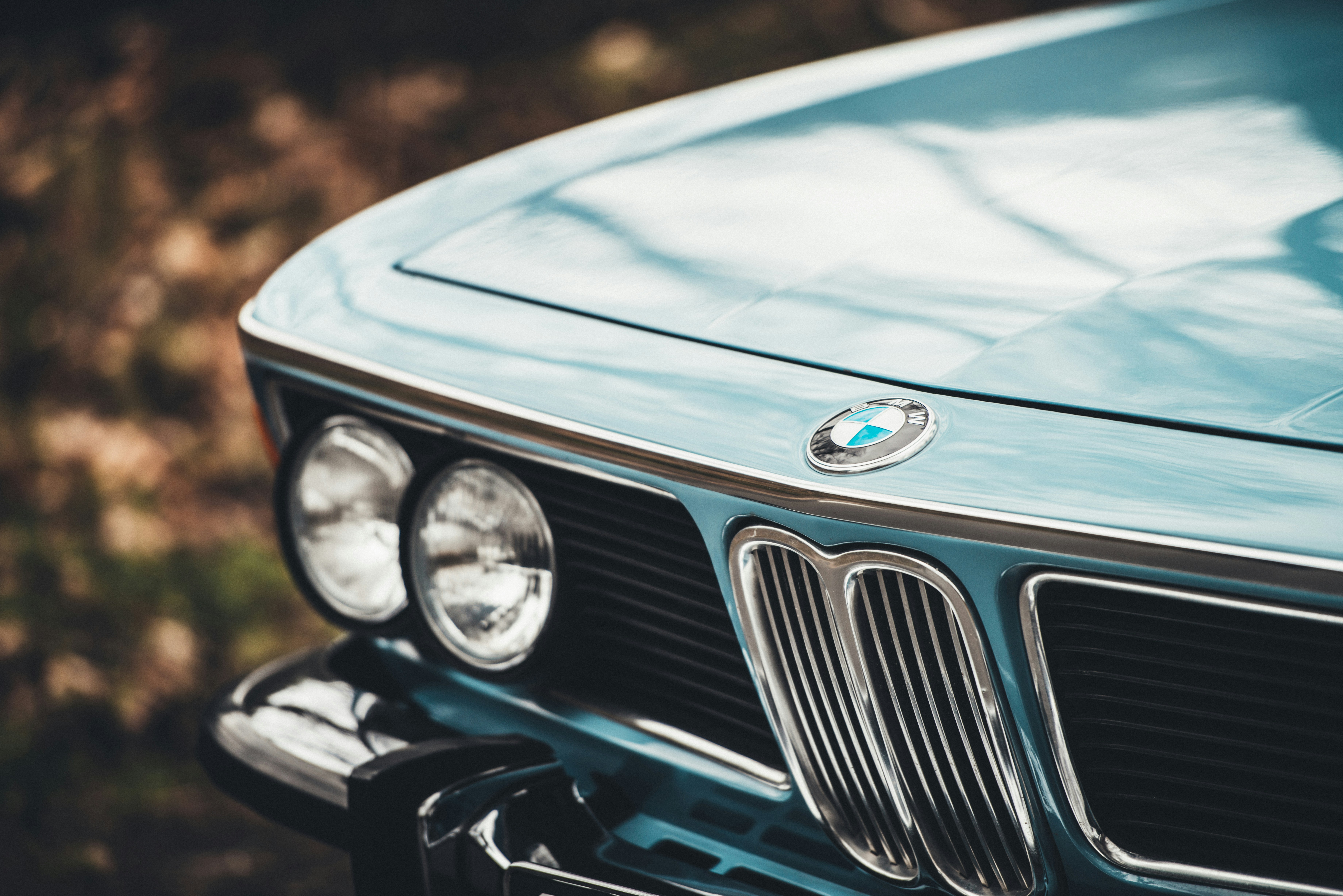 Close-up of a classic teal BMW grille and headlights